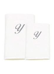BYFT 2-Piece 100% Cotton Embroidered Letter Y Bath & Hand Towel Set, White/Silver