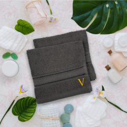 BYFT Daffodil (Dark Grey) Monogrammed Face Towel (30 x 30 Cm-Set of 6) 100% Cotton, Absorbent and Quick dry, High Quality Bath Linen-500 Gsm Golden Thread Letter "V"