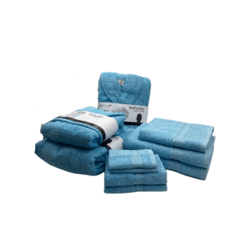 Daffodil(Light Blue)100% Cotton Premium Bath Linen Set(2 Face,2 Hand,2 Adult & 1 Kids Bath Towels with 2 Adult & 1,12yr Kids Bathrobe)Super Soft,Quick Dry & Highly Absorbent Family Pack of 10Pc