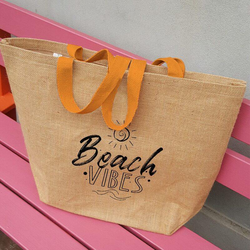 BYFT Natural Jute Bag with orange Handle (Beach Vibes)