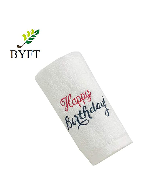 BYFT 6-Piece 100% Cotton Embroidered Happy Birthday Hand Towel Set, 33 x 33cm, White/Red