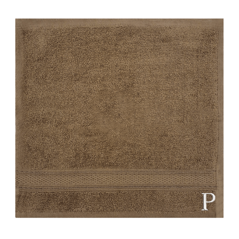 BYFT Daffodil (Dark Beige) Monogrammed Face Towel (30 x 30 Cm-Set of 6) 100% Cotton, Absorbent and Quick dry, High Quality Bath Linen-500 Gsm White Thread Letter "P"