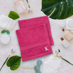 BYFT Daffodil (Fuchsia Pink) Monogrammed Face Towel (30 x 30 Cm-Set of 6) 100% Cotton, Absorbent and Quick dry, High Quality Bath Linen-500 Gsm White Thread Letter "K"