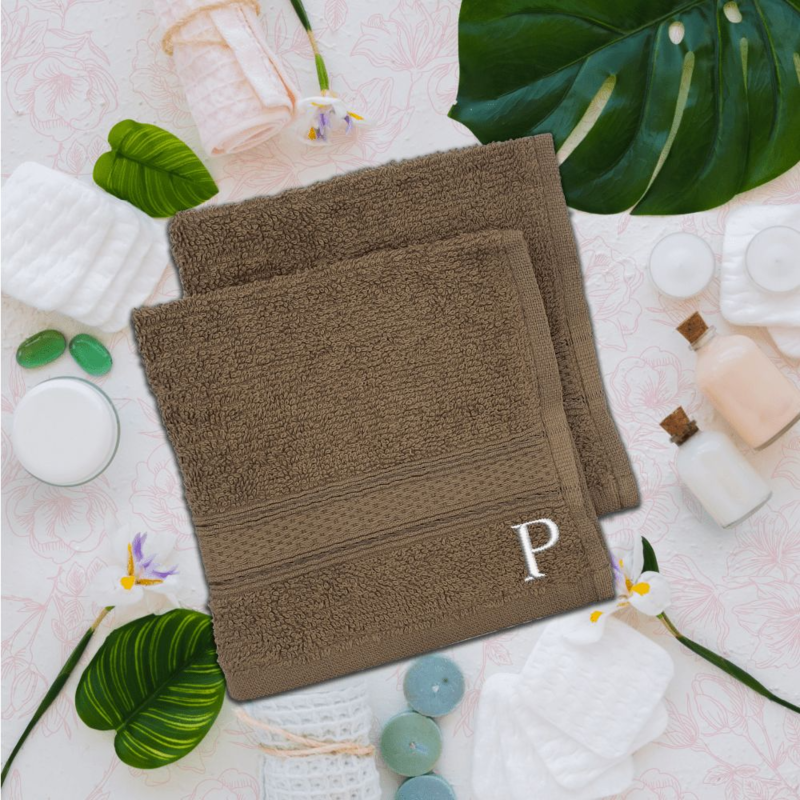 BYFT Daffodil (Dark Beige) Monogrammed Face Towel (30 x 30 Cm-Set of 6) 100% Cotton, Absorbent and Quick dry, High Quality Bath Linen-500 Gsm White Thread Letter "P"