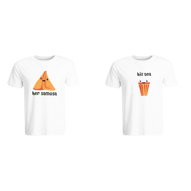 

BYFT (White) Couple Printed Cotton T-shirt (His Tea & Her Samosa) Personalized Round Neck T-shirt (XL)-Set of 2 pcs-190 GSM