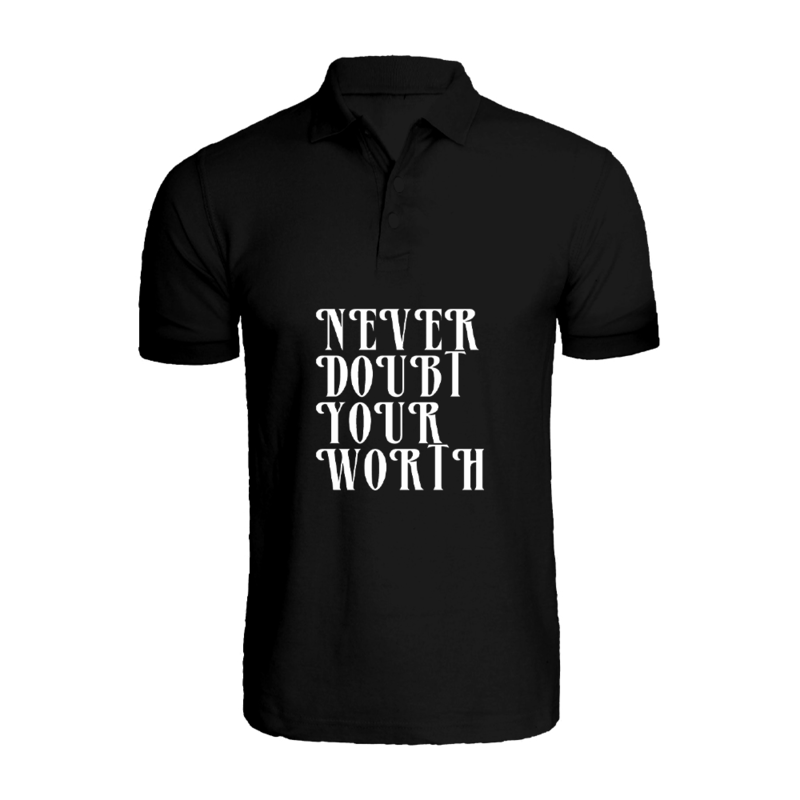 

BYFT (Black) Printed Cotton T-shirt (Never Doubt your worth) Personalized Polo Neck T-shirt For Women (Medium)-Set of 1 pc-220 GSM