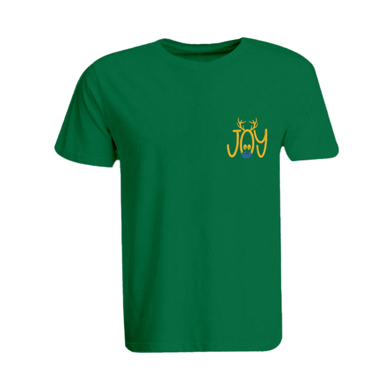 

BYFT (Green) Holiday Themed Embroidered Cotton T-shirt (Reindeer Joy) Unisex Personalized Round Neck T-shirt (Small)-Set of 1 pc-190 GSM