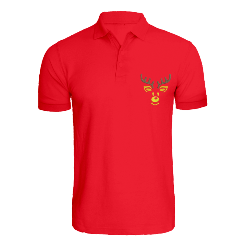 

BYFT (Red) Holiday Themed Embroidered Cotton T-shirt (Reindeer) Unisex Personalized Polo Neck T-shirt (Small)-Set of 1 pc-220 GSM