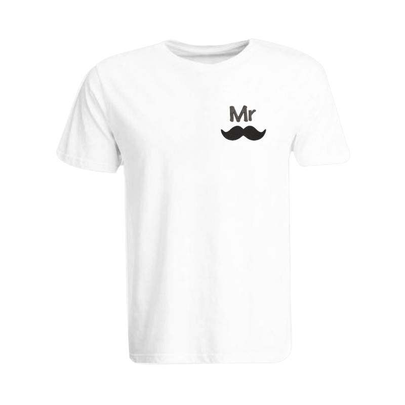 

BYFT (White) Embroidered Cotton T-shirt (Mr. Moustache) Personalized Round Neck T-shirt For Men (Small)-Set of 1 pc-190 GSM