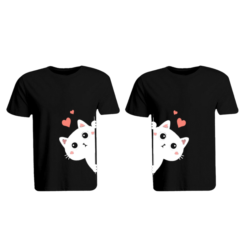 

BYFT (Black) Couple Printed Cotton T-shirt (Kitty) Personalized Round Neck T-shirt (Medium)-Set of 2 pcs-190 GSM