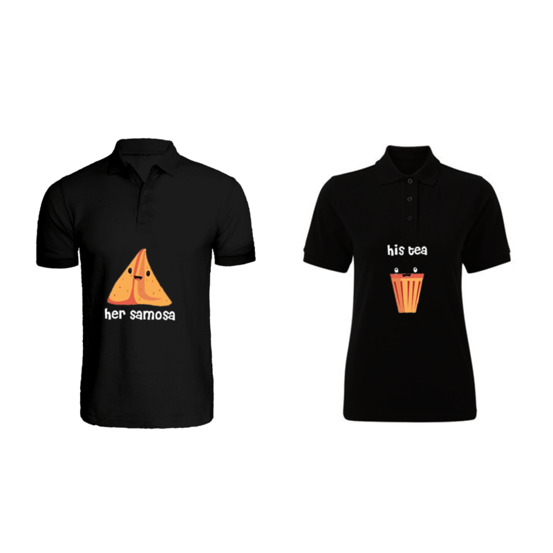 BYFT (Black) Couple Printed Cotton T-shirt (His Tea & Her Samosa) Personalized Polo Neck T-shirt (2XL)-Set of 2 pcs-220 GSM