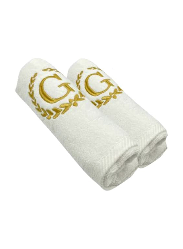 BYFT 2-Piece 100% Cotton Embroidered Letter G Bath & Hand Towel Set, White/Gold