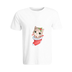 BYFT (White) Holiday Themed Printed Cotton T-shirt (Cat inside Christmas Stockings) Unisex Personalized Round Neck T-shirt (2XL)-Set of 1 pc-190 GSM