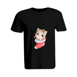 BYFT (Black) Holiday Themed Printed Cotton T-shirt (Cat inside Christmas Stockings) Unisex Personalized Round Neck T-shirt (Small)-Set of 1 pc-190 GSM