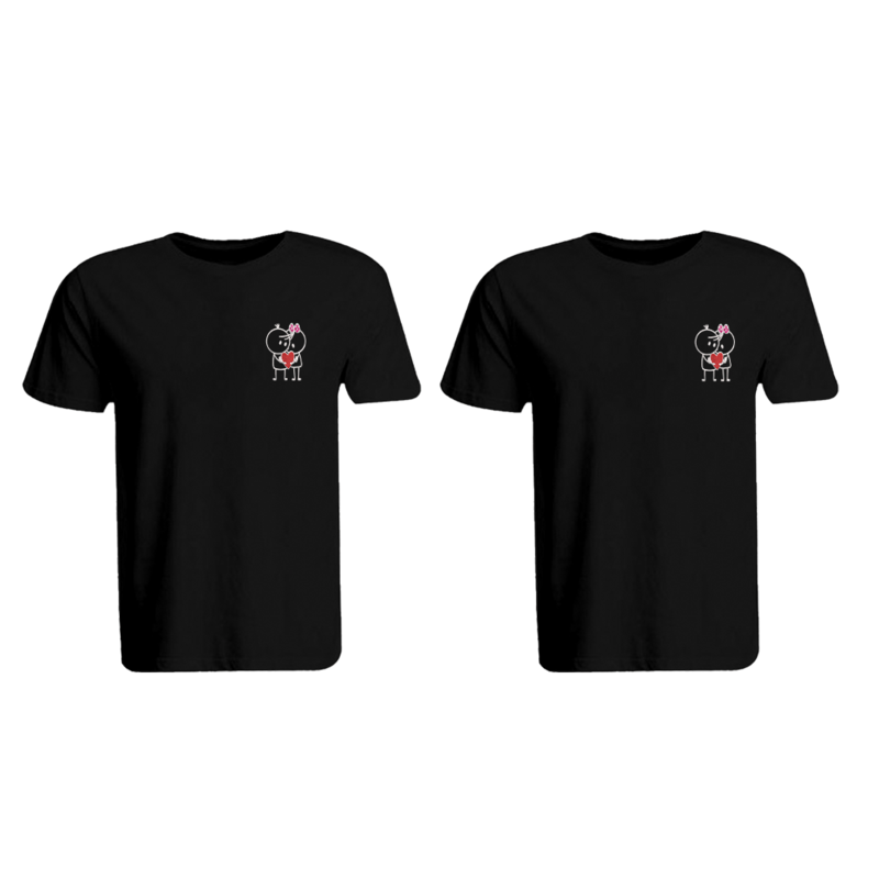 

BYFT (Black) Couple Embroidered Cotton T-shirt (Him & Her with Heart Couple) Personalized Round Neck T-shirt (Large)-Set of 2 pcs-190 GSM