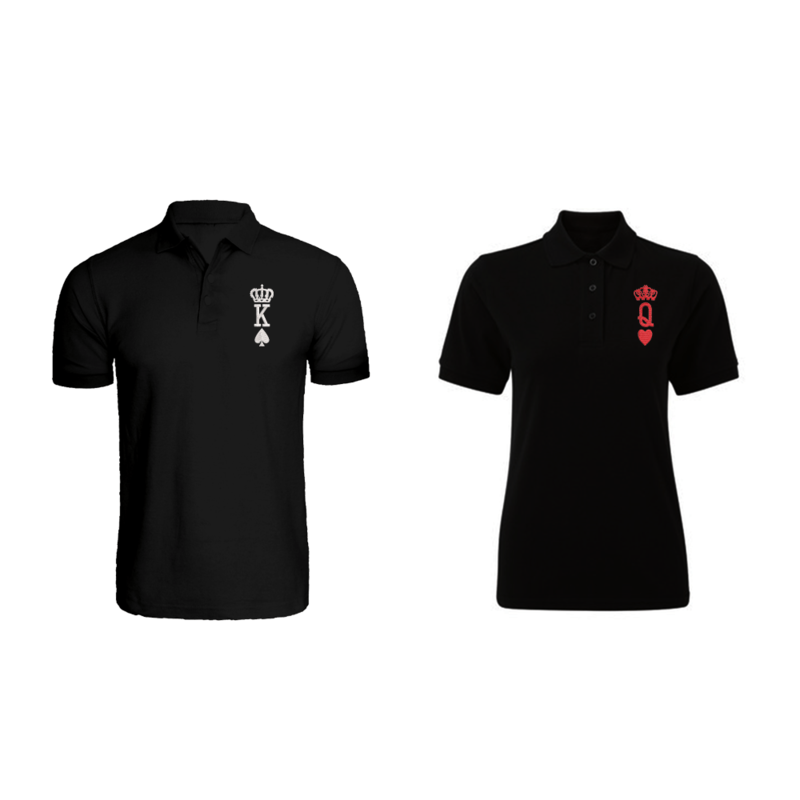 BYFT (Black) Couple Embroidered Cotton T-shirt (Crown King & Queen) Personalized Polo Neck T-shirt (Large)-Set of 2 pcs-220 GSM