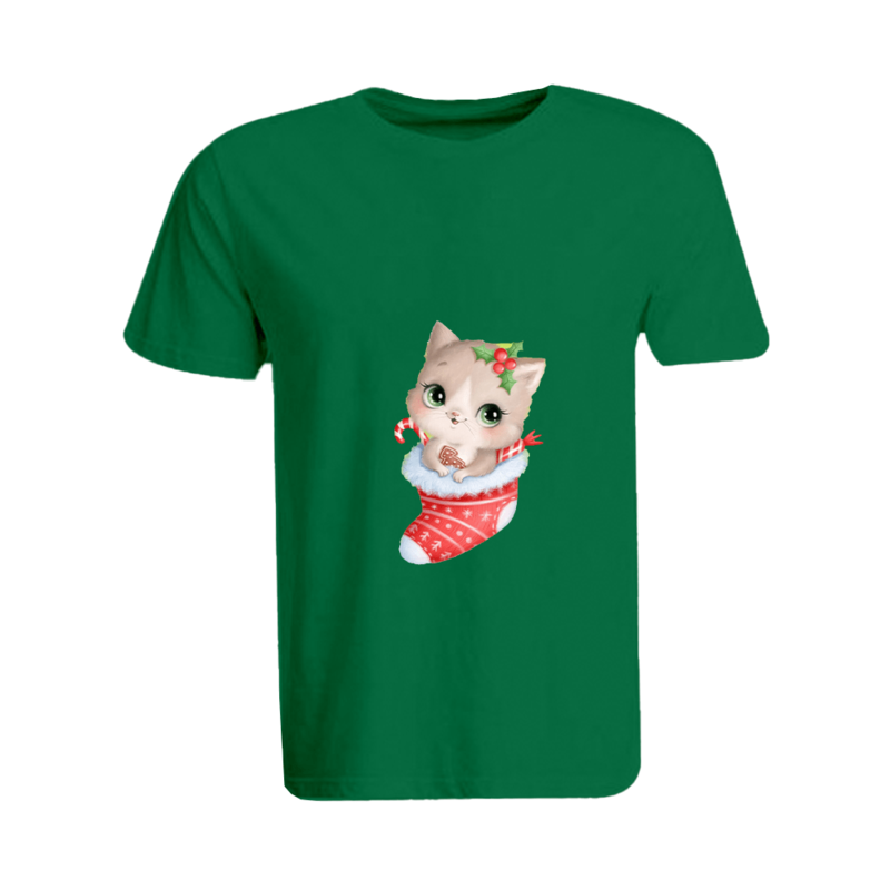 

BYFT (Green) Holiday Themed Printed Cotton T-shirt (Cat inside Christmas Stockings) Unisex Personalized Round Neck T-shirt (Large)-Set of 1 pc-190 GSM