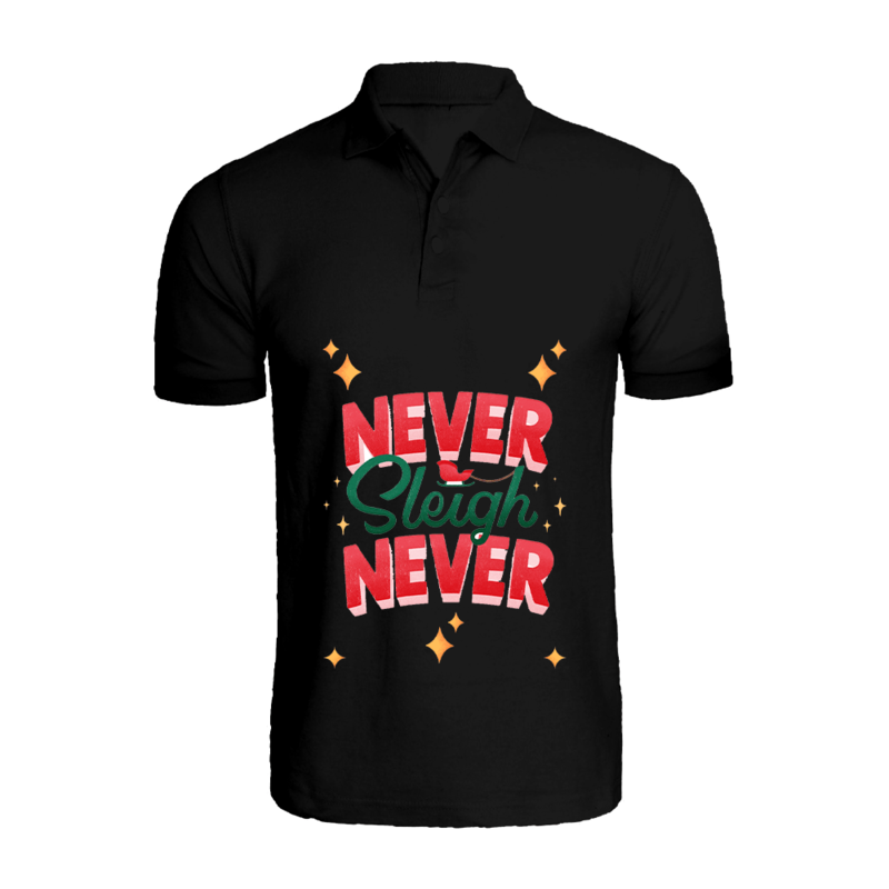 

BYFT (Black) Holiday Themed Printed Cotton T-shirt (Never Sleigh Never) Unisex Personalized Polo Neck T-shirt (XL)-Set of 1 pc-220 GSM