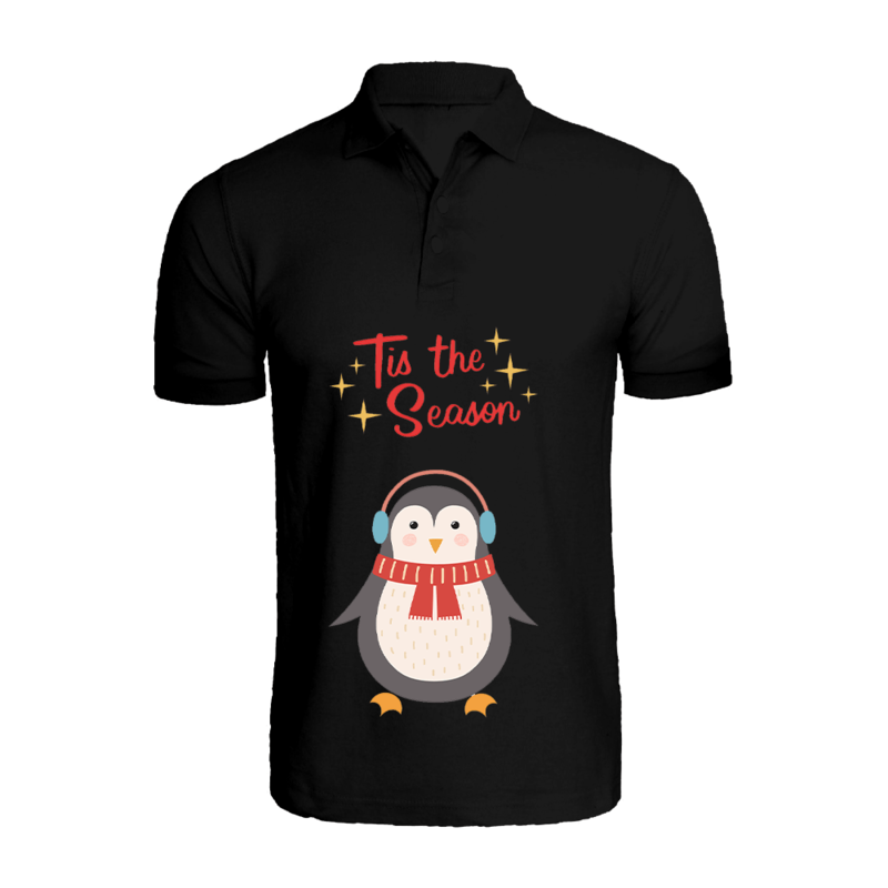 

BYFT (Black) Holiday Themed Printed Cotton T-shirt (Tis The Season Penguin) Unisex Personalized Polo Neck T-shirt (Small)-Set of 1 pc-220 GSM