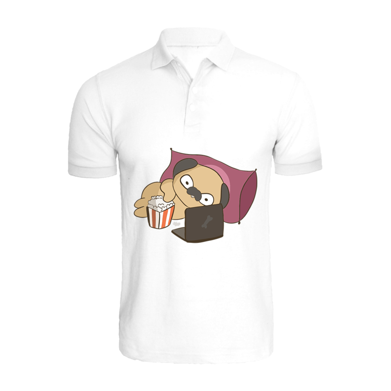 

BYFT (White) Printed Cotton T-shirt (Binge Watching Pug) Personalized Polo Neck T-shirt For Men (Large)-Set of 1 pc-220 GSM