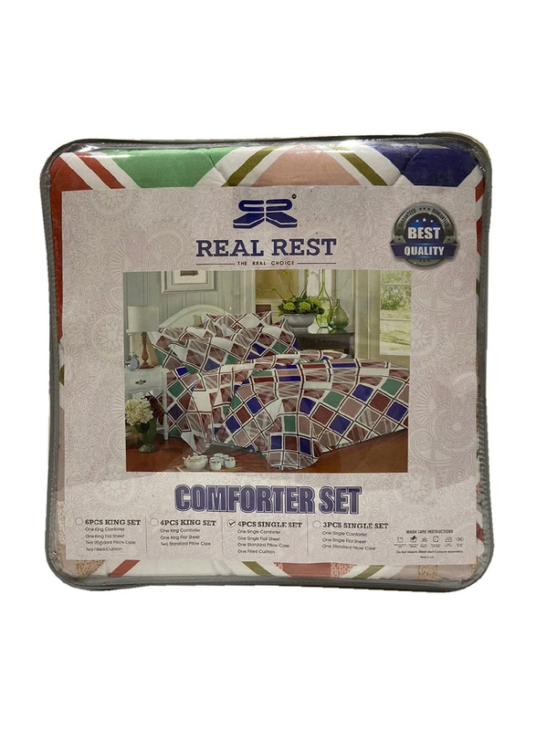 BYFT 4-Piece Real Rest Comforter Set, 1 Comforter, 1 Flat Sheet, 1 Standard Pillow Cases and 1 Filled Cushions, Single, Assorted Color