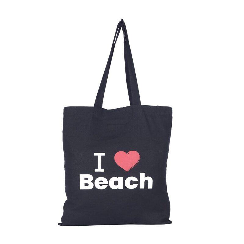 

BYFT Black Cotton Flat Tote Bag (I Love Beach)