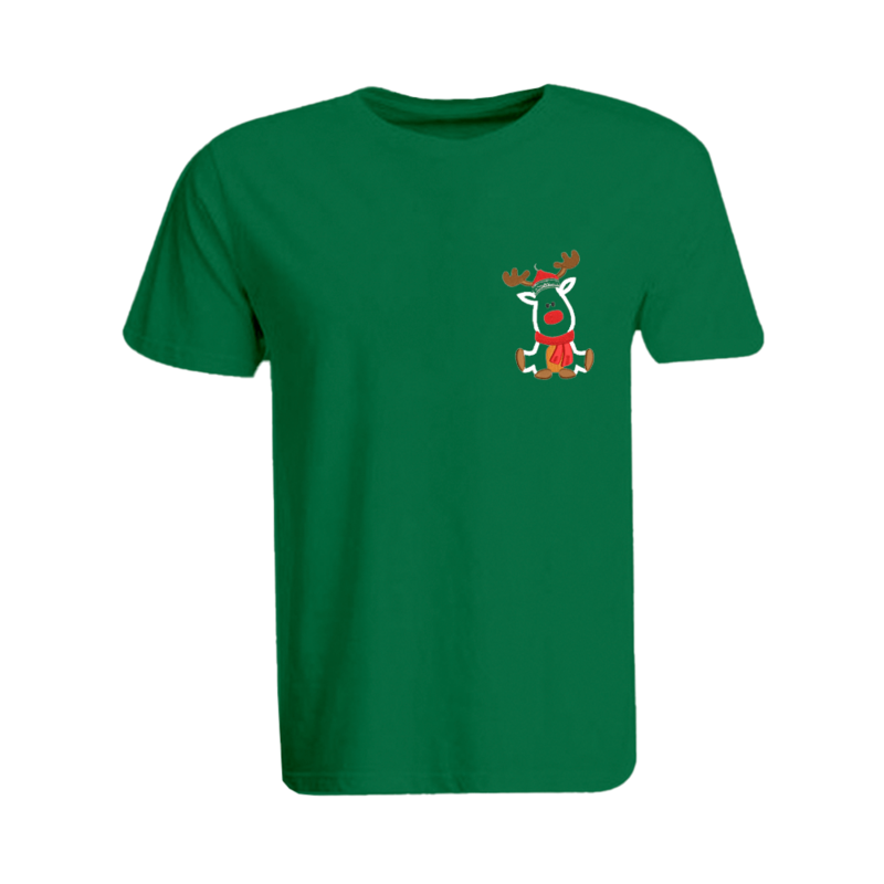 BYFT (Green) Holiday Themed Embroidered Cotton T-shirt (Reindeer With Christmas Cap) Unisex Personalized Round Neck T-shirt (2XL)-Set of 1 pc-190 GSM