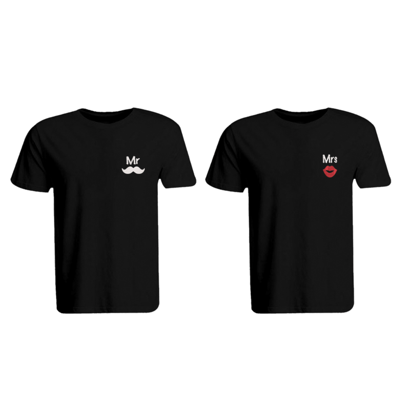 BYFT (Black) Couple Embroidered Cotton T-shirt (Mr. Moustache & Mrs. Lips) Personalized Round Neck T-shirt (Large)-Set of 2 pcs-190 GSM