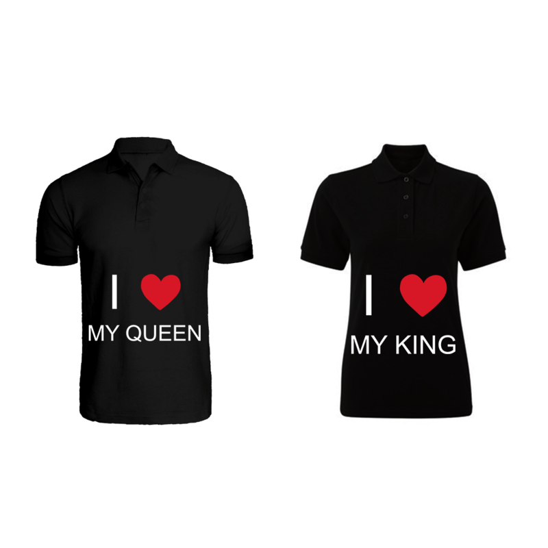 BYFT (Black) Couple Printed Cotton T-shirt (I Love My King & Queen) Personalized Polo Neck T-shirt (2XL)-Set of 2 pcs-220 GSM