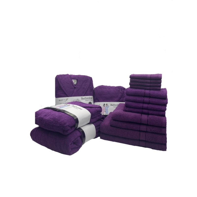 Daffodil(Purple)100% Cotton Premium Bath Linen Set(4 Face,4 Hand,2 Adult & 2 Kids Bath Towels with 2 Adult & 2,10yr Kids Bathrobe)Super Soft,Quick Dry & Highly Absorbent Family Pack of 16Pcs