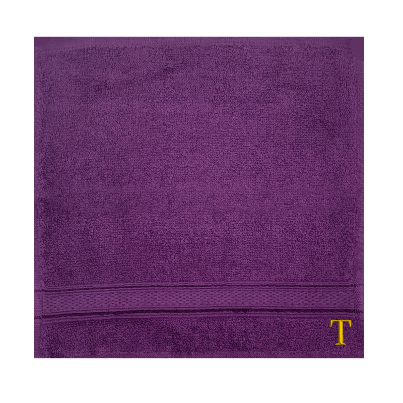 BYFT Daffodil (Purple) Monogrammed Face Towel (30 x 30 Cm-Set of 6) 100% Cotton, Absorbent and Quick dry, High Quality Bath Linen-500 Gsm Golden Thread Letter "T"