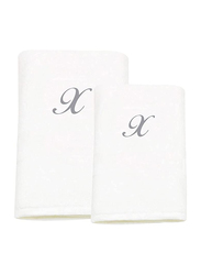 BYFT 2-Piece 100% Cotton Embroidered Letter X Bath & Hand Towel Set, White/Silver