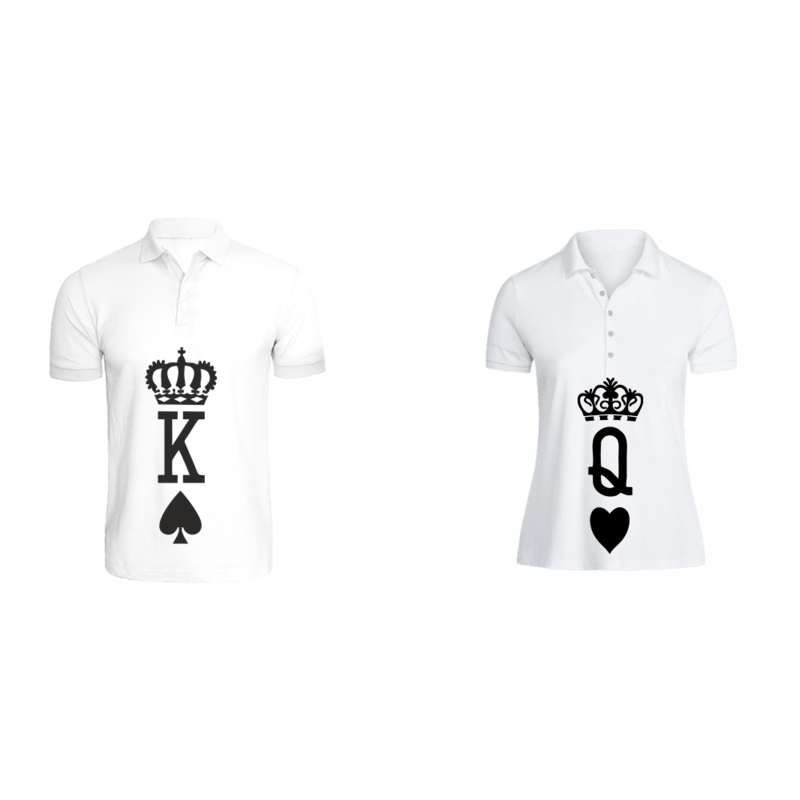 BYFT (White) Couple Printed Cotton T-shirt (Crown King & Queen) Personalized Polo Neck T-shirt (Large)-Set of 2 pcs-220 GSM