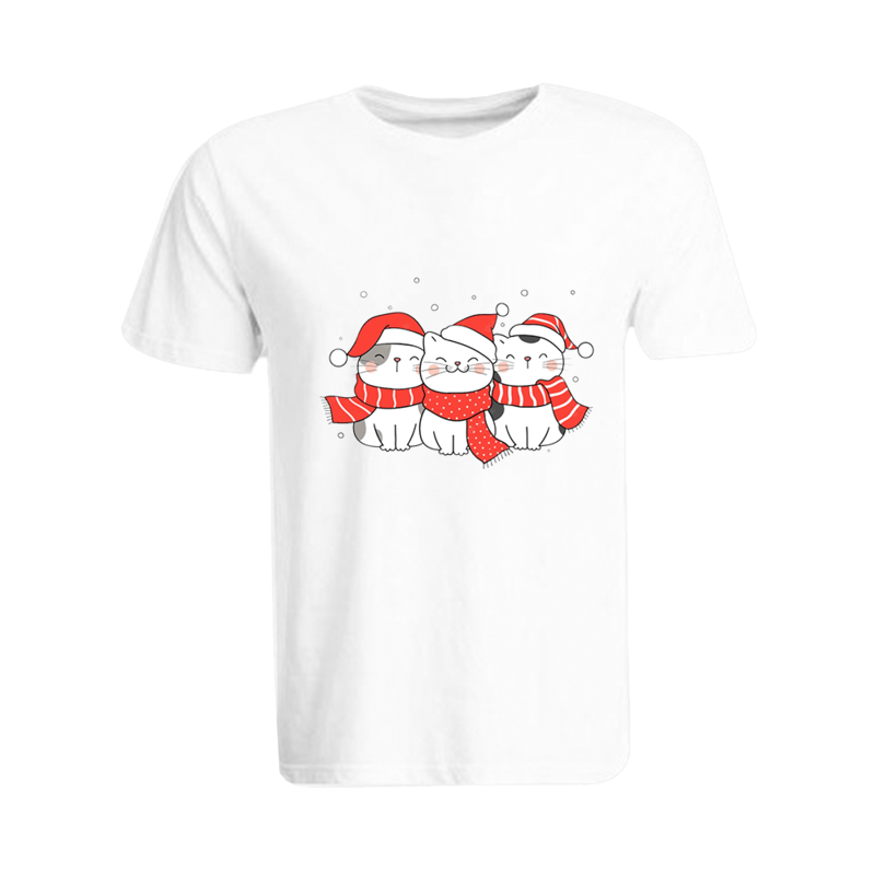 BYFT (White) Holiday Themed Printed Cotton T-shirt (Three Cats With Scarf & Christmas Cap) Unisex Personalized Round Neck T-shirt (Small)-Set of 1 pc-190 GSM