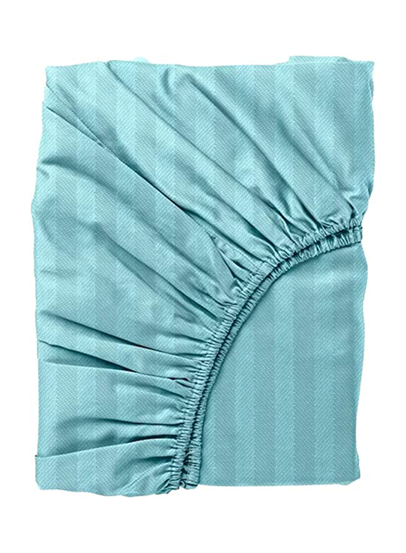 BYFT Tulip 100% Cotton Satin Stripe Fitted Bed Sheet, 300 Tc, 1cm, 90 x 210 + 30cm, Single, Sea Green