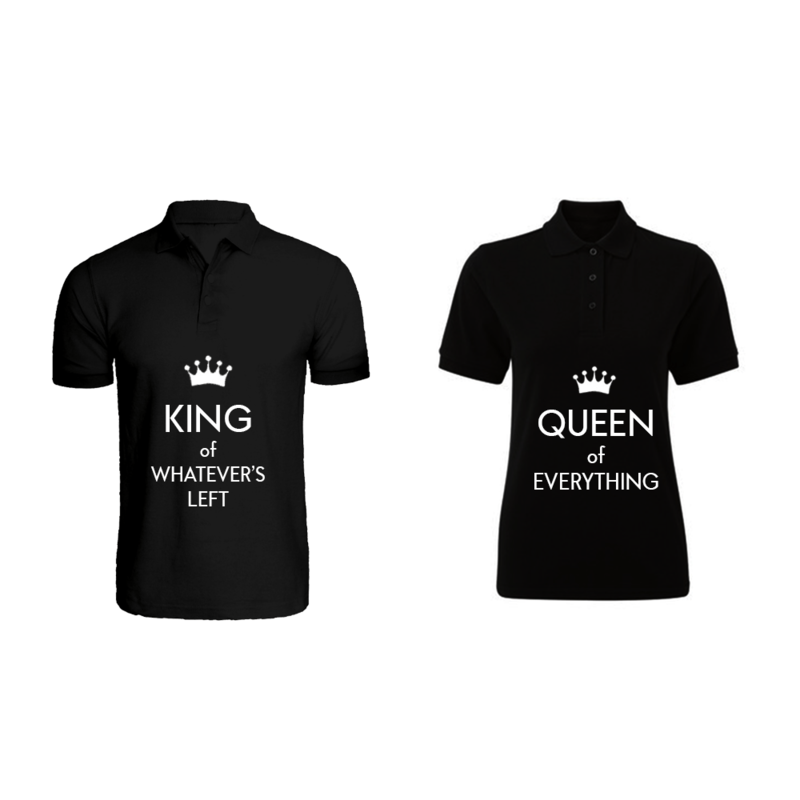 

BYFT (Black) Couple Printed Cotton T-shirt (King of Whatever Left & Queen of Everything) Personalized Polo Neck T-shirt (Medium)-Set of 2 pcs-220 GSM