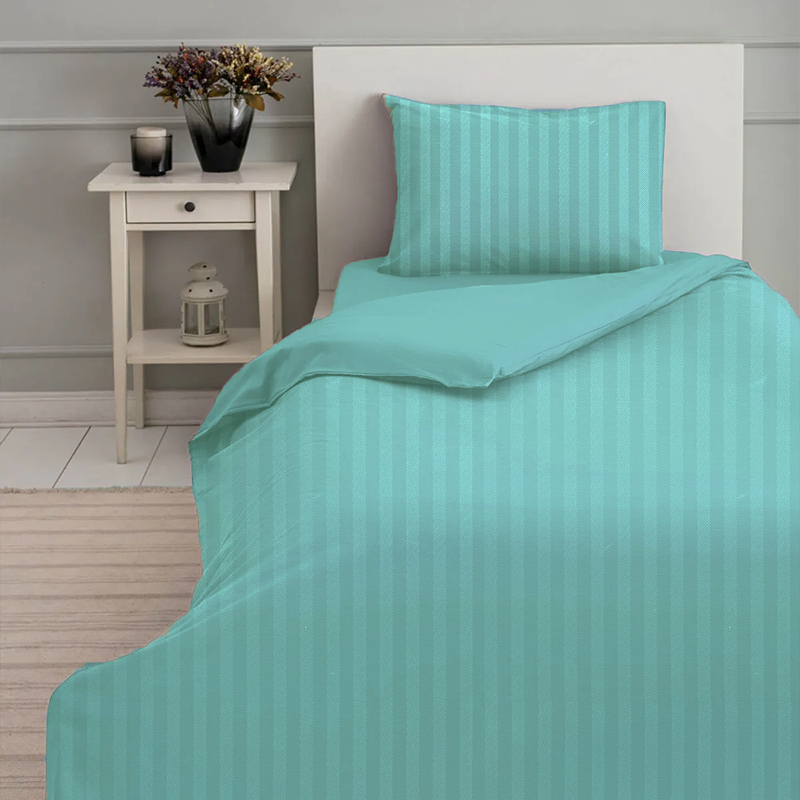 BYFT Tulip (Sea Green) Single Size Fitted Sheet, Duvet Cover and Pillow case Set with 1 cm Satin Stripe (Set of 2 Pcs) 100% Cotton Percale Soft and Luxurious Hotel Quality Bed linen -300 TC