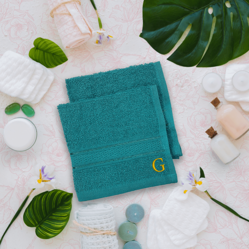 BYFT Daffodil (Turquoise Blue) Monogrammed Face Towel (30 x 30 Cm-Set of 6) 100% Cotton, Absorbent and Quick dry, High Quality Bath Linen-500 Gsm Golden Thread Letter "G"