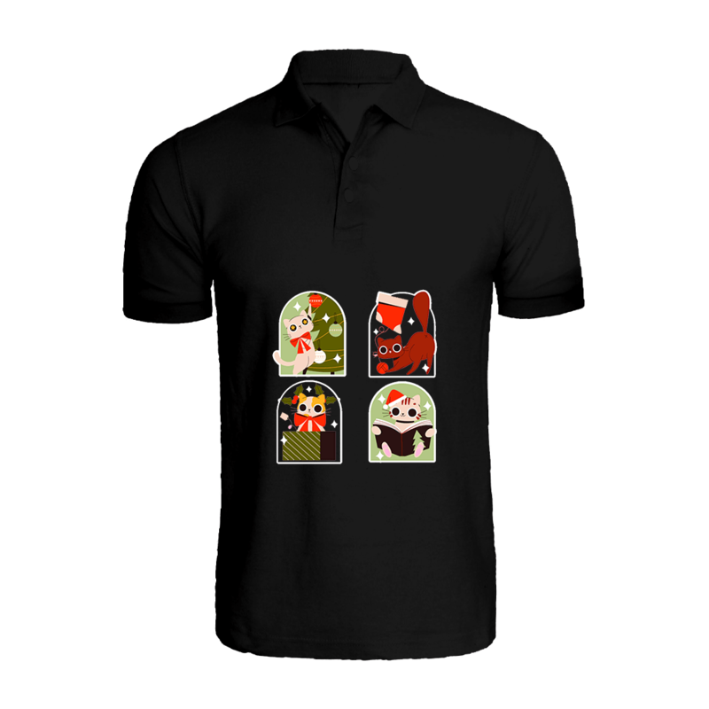 

BYFT (Black) Holiday Themed Printed Cotton T-shirt (Christmas Cats) Unisex Personalized Polo Neck T-shirt (XL)-Set of 1 pc-220 GSM