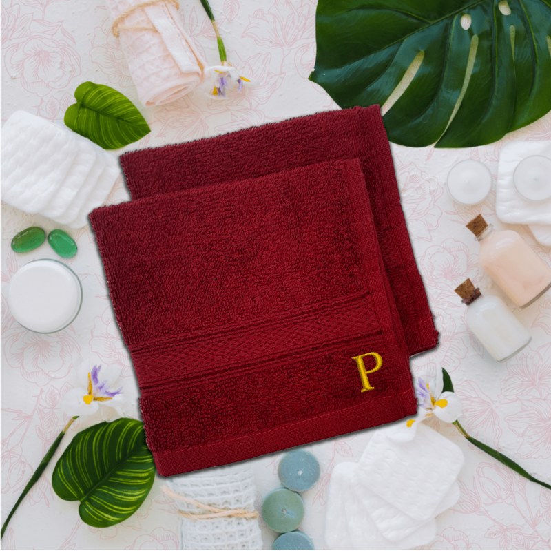 BYFT Daffodil (Burgundy) Monogrammed Face Towel (30 x 30 Cm-Set of 6) 100% Cotton, Absorbent and Quick dry, High Quality Bath Linen-500 Gsm Golden Thread Letter "P"