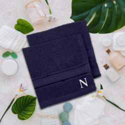 BYFT Daffodil (Navy Blue) Monogrammed Face Towel (30 x 30 Cm-Set of 6) 100% Cotton, Absorbent and Quick dry, High Quality Bath Linen-500 Gsm White Thread Letter "N"