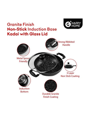 Grofers 24cm G-Happy Home Non-Stick Kadhai with Lid & Induction Base, Black/Clear