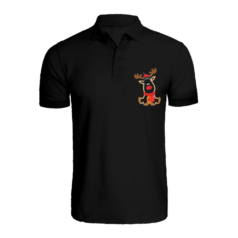 

BYFT (Black) Holiday Themed Embroidered Cotton T-shirt (Reindeer With Christmas Cap) Unisex Personalized Polo Neck T-shirt (Small)-Set of 1 pc-220 GSM