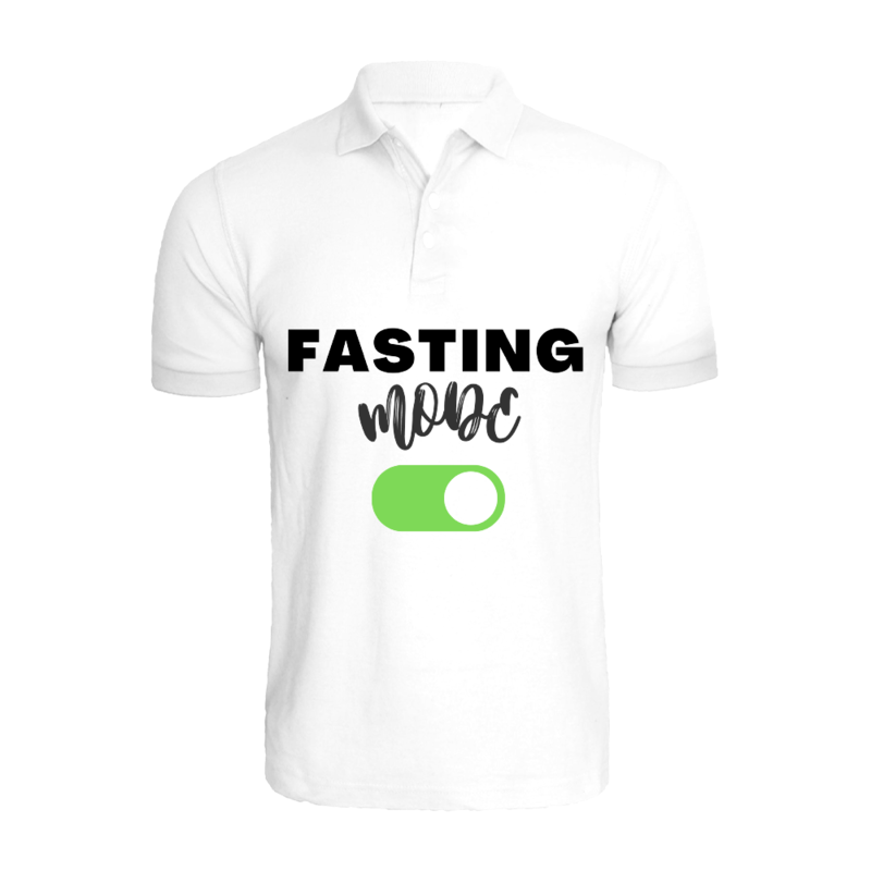 BYFT (White) Ramadan Printed Tshirt (Fasting Mode On) Cotton (Large) Unisex Polo Neck Tshirt -220 GSM