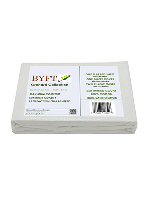 BYFT Orchard 100% Cotton Bedlinen Set, 1 Flat Bed Sheet + 2 Pillow Case + 1 Duvet Cover, Twin, White