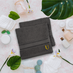 BYFT Daffodil (Dark Grey) Monogrammed Face Towel (30 x 30 Cm-Set of 6) 100% Cotton, Absorbent and Quick dry, High Quality Bath Linen-500 Gsm Golden Thread Letter "U"