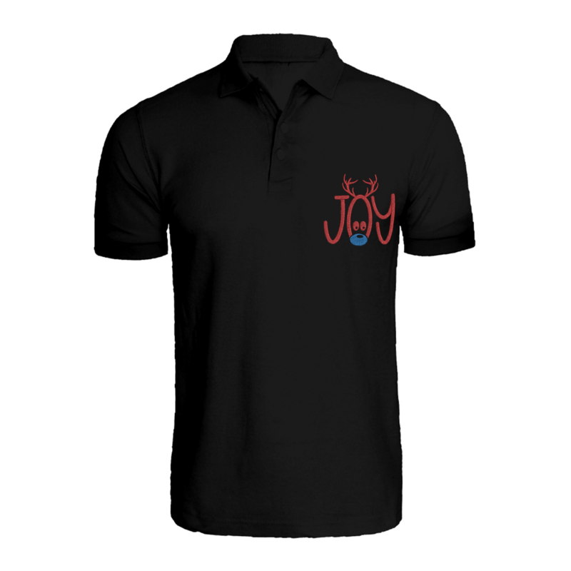 

BYFT (Black) Holiday Themed Embroidered Cotton T-shirt (Reindeer Joy) Unisex Personalized Polo Neck T-shirt (Small)-Set of 1 pc-220 GSM