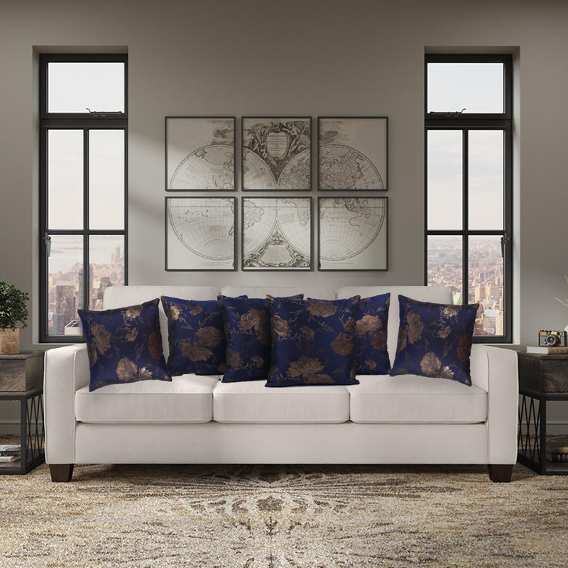 BYFT Golden Rose Indigo Blue 16 x 16 Inch Decorative Cushion Cover Set of 2