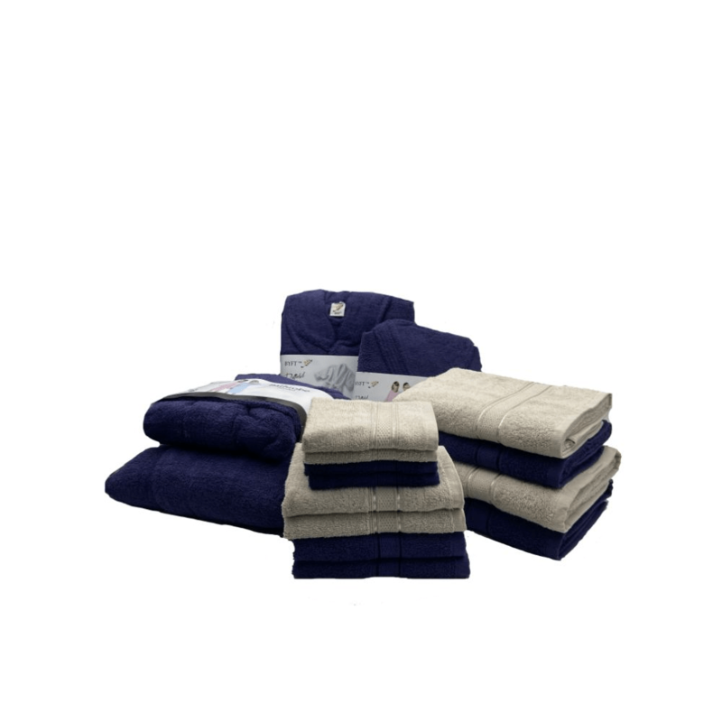 Daffodil(Light Grey & Navy Blue)100% Cotton Premium Bath Linen Set(4 Face,4 Hand,2 Adult & 2 Kids Bath Towels with 2 Adult & 2,12yr Kids Bathrobe)Super Soft,Quick Dry & Highly Absorbent Pack of 16Pc