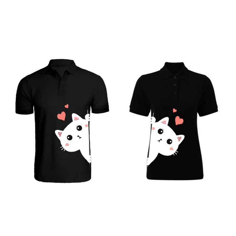 BYFT (Black) Couple Printed Cotton T-shirt (Kitty) Personalized Polo Neck T-shirt (Large)-Set of 2 pcs-220 GSM